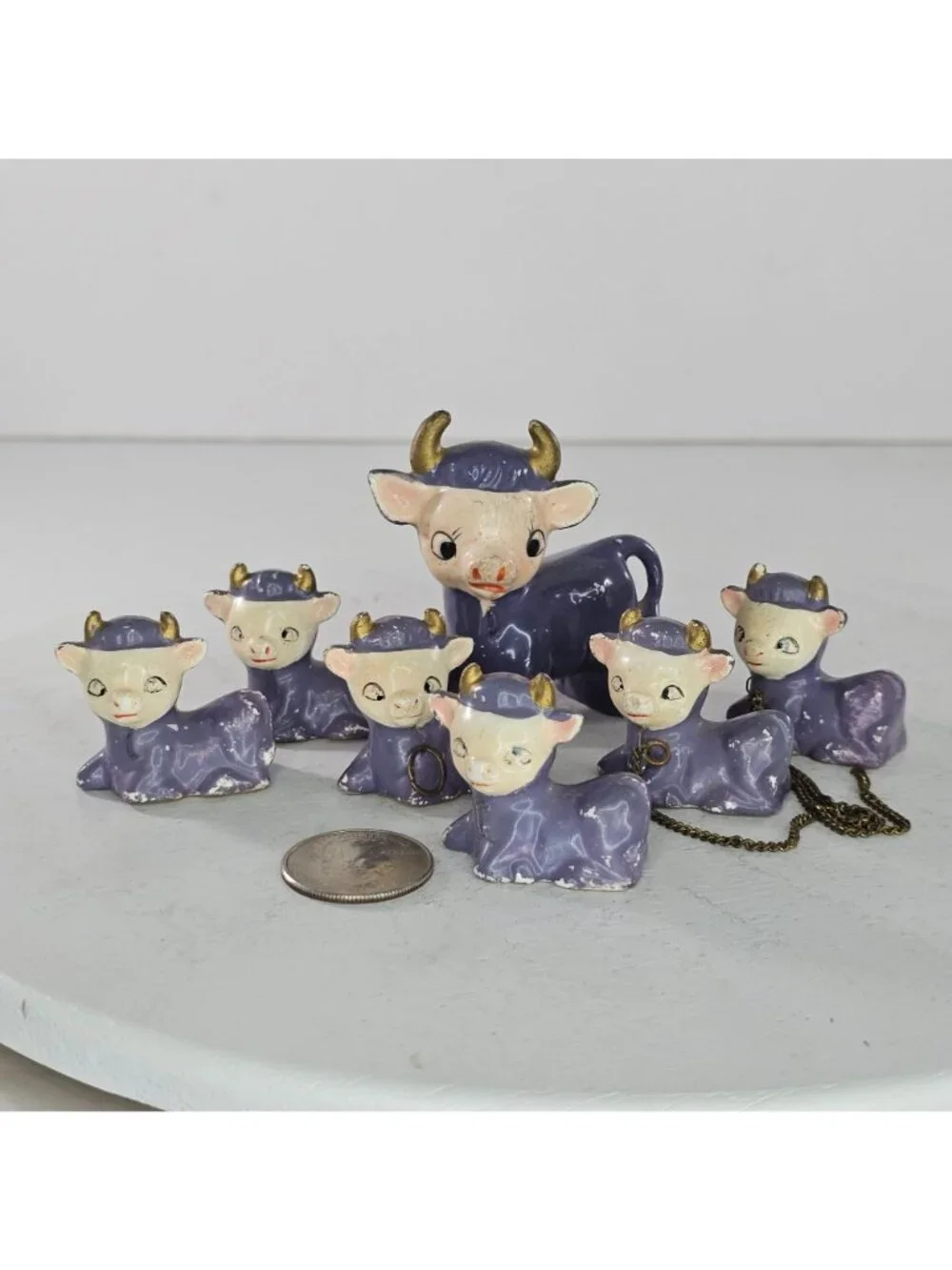 Miniature Purple Cow Calves Lot Vintage Japan 1950 Ceramic 7 Piece Lot Kitschy